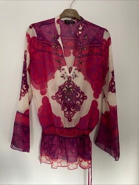 Hale Bob Fuchsia Pink and Cream Embellished Silk Blouse NWOT S